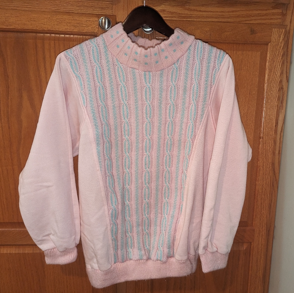 Vintage lady foot locker pastel pink blue sweater cable knit Women size M